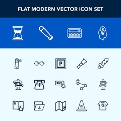 Modern, simple vector icon set with door, dont, road, time, blade, telescope, call, light, sword, phone, vehicle, eye, eyeglasses, glasses, street, space, doorknob, clock, hourglass, hour, buy icons