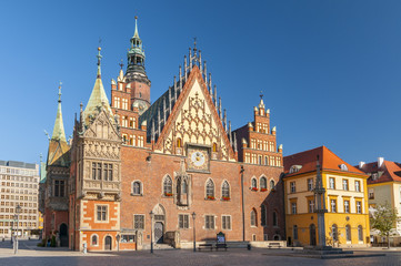 Naklejka na ściany i meble Market Square with old gothic Town Hall in Wroclaw (Breslau) in Poland.