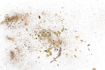 Organic plant dust texture isolated on white background, top view