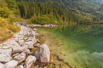 Colorful water of Morskie Oko lake, Tatra mountains, Poland.