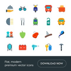 Modern Simple Set of transports, food, industry, hotel Vector flat Icons. Contains such Icons as  mirror, building,  pork,  speed,  room and more on white background. Fully Editable. Pixel Perfect