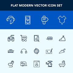 Modern, simple vector icon set with girl, fashion, nature, sound, button, audio, water, cute, blue, center, landscape, headset, help, ocean, arrow, office, web, operator, tool, yacht, trolley icons