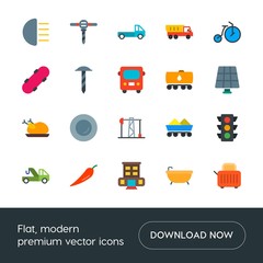 Modern Simple Set of transports, food, industry, hotel Vector flat Icons. Contains such Icons as  train,  fresh,  light, truck,  repair, hot and more on white background. Fully Editable. Pixel Perfect