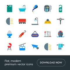 Modern Simple Set of transports, food, industry, hotel Vector flat Icons. Contains such Icons as wheelbarrow,  tanker, gas,  barbecue,  can and more on white background. Fully Editable. Pixel Perfect