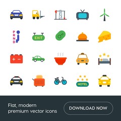Modern Simple Set of transports, food, industry, hotel Vector flat Icons. Contains such Icons as  display,  oil,  bread, taxi, gas,  screen and more on white background. Fully Editable. Pixel Perfect