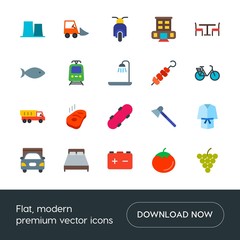 Modern Simple Set of transports, food, industry, hotel Vector flat Icons. Contains such Icons as  distribution, axe,  service, car,  bike and more on white background. Fully Editable. Pixel Perfect