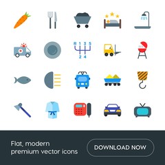 Modern Simple Set of transports, food, industry, hotel Vector flat Icons. Contains such Icons as  sedan,  screwdriver,  front,  display, axe and more on white background. Fully Editable. Pixel Perfect