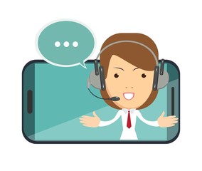 Smiling female operator with headset speaking from screen of a smart phone. Customer service concept. Stock flat vector illustration.