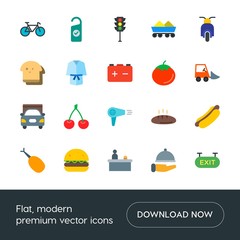 Modern Simple Set of transports, food, industry, hotel Vector flat Icons. Contains such Icons as  office,  sausage,  exit,  mustard,  sport and more on white background. Fully Editable. Pixel Perfect