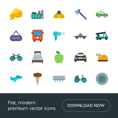 Modern Simple Set of transports, food, industry, hotel Vector flat Icons. Contains such Icons as plate, factory,  plane, air,  pillow,  air and more on white background. Fully Editable. Pixel Perfect