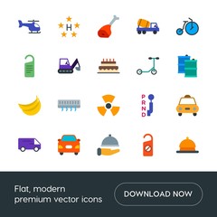 Modern Simple Set of transports, food, industry, hotel Vector flat Icons. Contains such Icons as  salad,  auto,  vehicle,  steak, copter and more on white background. Fully Editable. Pixel Perfect