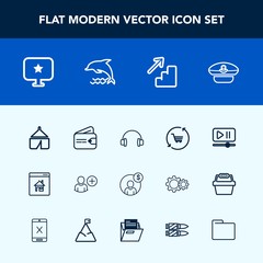 Modern, simple vector icon set with interface, camp, downstairs, accounting, trolley, upstairs, sign, audio, finance, real, tent, property, travel, cash, navy, hat, purse, add, music, star, down icons