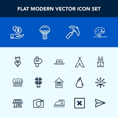 Modern, simple vector icon set with construction, equipment, seafood, camp, blossom, investment, shop, business, cap, sky, hat, industry, adventure, head, spring, nature, money, customer, cart icons