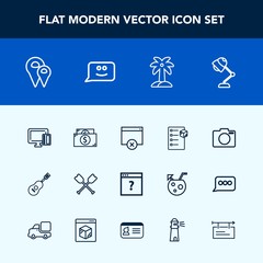 Modern, simple vector icon set with lens, paddle, delivery, money, cash, road, box, water, sound, location, technology, music, shopping, map, boat, internet, sign, interior, package, card, cargo icons
