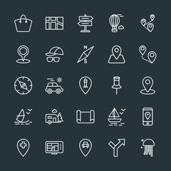 Modern Simple Set of location, travel Vector outline Icons. Contains such Icons as  ocean,  map, mobile,  street, sign,  navigation, travel and more on dark background. Fully Editable. Pixel Perfect.