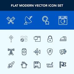Modern, simple vector icon set with ventilator, touch, paddle, cooler, washer, plane, protection, chat, flight, cardboard, replacement, metal, domestic, air, housework, message, relocation, boat icons
