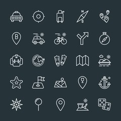 Modern Simple Set of location, travel Vector outline Icons. Contains such Icons as location,  trip,  pin,  graphic,  city,  direction,  star and more on dark background. Fully Editable. Pixel Perfect.