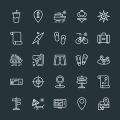 Modern Simple Set of location, travel Vector outline Icons. Contains such Icons as  travel,  vacation,  equipment, beach, soda,  map, yacht and more on dark background. Fully Editable. Pixel Perfect.