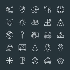 Modern Simple Set of location, travel Vector outline Icons. Contains such Icons as  yellow, compass, drop,  beach,  arrow, sun, holiday and more on dark background. Fully Editable. Pixel Perfect.