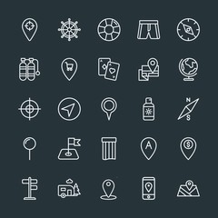 Modern Simple Set of location, travel Vector outline Icons. Contains such Icons as  gps,  boat,  travel,  ship,  fashion,  old,  save,  pin and more on dark background. Fully Editable. Pixel Perfect.