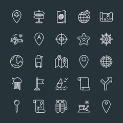 Modern Simple Set of location, travel Vector outline Icons. Contains such Icons as  global,  destination,  tank, scuba,  luggage,  way,  id and more on dark background. Fully Editable. Pixel Perfect.