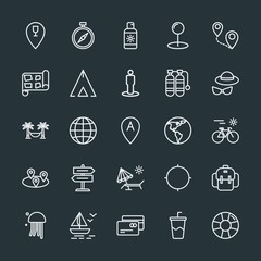 Modern Simple Set of location, travel Vector outline Icons. Contains such Icons as credit,  backpack,  bag,  goal,  save, earth, summer and more on dark background. Fully Editable. Pixel Perfect.