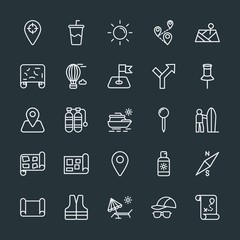 Modern Simple Set of location, travel Vector outline Icons. Contains such Icons as  drink,  sea,  point,  destination,  air,  north,  paper and more on dark background. Fully Editable. Pixel Perfect.