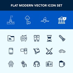Modern, simple vector icon set with tv, castle, money, movie, sand, optical, tower, medieval, view, power, touchscreen, danger, video, banking, airport, ocean, hour, clock, hourglass, explosion icons