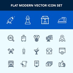 Modern, simple vector icon set with tripod, map, summer, water, find, trip, travel, paddle, prize, sky, glass, cocktail, luggage, pin, canoe, ironing, lens, oar, housework, astronomy, london icons