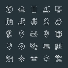 Modern Simple Set of location, travel Vector outline Icons. Contains such Icons as earth,  planet,  destination,  position,  action,  water and more on dark background. Fully Editable. Pixel Perfect.