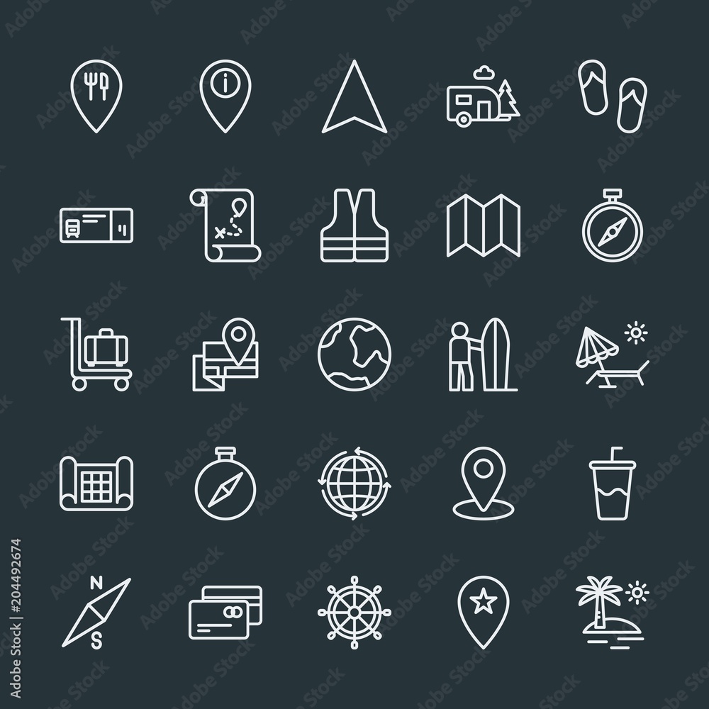Poster modern simple set of location, travel vector outline icons. contains such icons as pointer, sign, bu