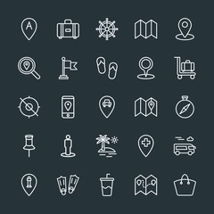 Modern Simple Set of location, travel Vector outline Icons. Contains such Icons as  transport, bus,  navigation,  road,  luggage,  location and more on dark background. Fully Editable. Pixel Perfect.
