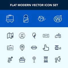 Modern, simple vector icon set with delivery, map, shipment, bag, baggage, business, ingredient, location, identification, male, shipping, name, man, job, holiday, bun, transportation, identity icons