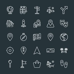 Modern Simple Set of location, travel Vector outline Icons. Contains such Icons as  travel,  tropical,  chair,  style,  background,  way and more on dark background. Fully Editable. Pixel Perfect.