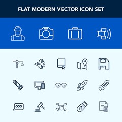 Modern, simple vector icon set with engineer, builder, fashion, computer, power, education, pin, shopping, plane, library, study, glasses, home, hammer, road, saw, telephone, luggage, mobile icons