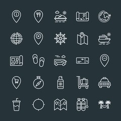 Modern Simple Set of location, travel Vector outline Icons. Contains such Icons as relax,  baggage,  internet,  location,  rest,  underwater and more on dark background. Fully Editable. Pixel Perfect.
