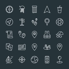 Modern Simple Set of location, travel Vector outline Icons. Contains such Icons as  north, earth,  drink,  direction,  mattress,  map,  ship and more on dark background. Fully Editable. Pixel Perfect.
