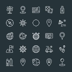 Modern Simple Set of location, travel Vector outline Icons. Contains such Icons as  surf,  cream, station,  casino,  surfer,  arrow,  care and more on dark background. Fully Editable. Pixel Perfect.