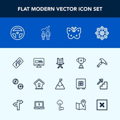 Modern, simple vector icon set with wooden, construction, insect, victory, wing, white, rudder, butterfly, winner, game, currency, technology, furniture, wheel, home, shovel, money, domino, row icons