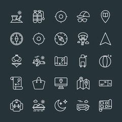 Modern Simple Set of location, travel Vector outline Icons. Contains such Icons as  pass,  beach,  bag,  road,  sea,  astronomy, scuba,  toy and more on dark background. Fully Editable. Pixel Perfect.