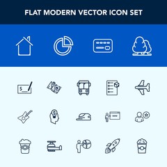 Fototapeta premium Modern, simple vector icon set with pay, business, tree, card, check, flight, house, road, box, sign, white, idea, building, music, aircraft, chart, plane, pen, bus, hat, airplane, speed, guitar icons