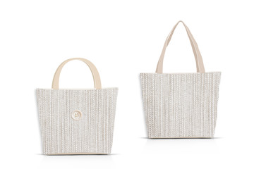 Two shopping tote bags mockup, fabric texture, basket style with different handles design