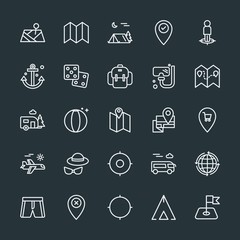 Modern Simple Set of location, travel Vector outline Icons. Contains such Icons as  anchor, world,  summer,  nautical,  nature, volleyball and more on dark background. Fully Editable. Pixel Perfect.