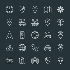 Fototapeta premium Modern Simple Set of location, travel Vector outline Icons. Contains such Icons as message, world, trip, education, airport, web, pin and more on dark background. Fully Editable. Pixel Perfect.