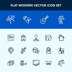 Modern, simple vector icon set with mobile, cell, home, bomb, space, weight, trash, food, world, falling, movie, musical, camera, spaceship, cooking, map, planet, kitchen, retro, nuclear, house icons