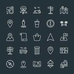 Modern Simple Set of location, travel Vector outline Icons. Contains such Icons as  extreme,  web,  pin, soda,  equipment,  camp,  fashion and more on dark background. Fully Editable. Pixel Perfect.