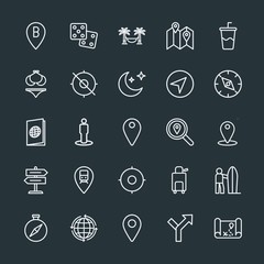 Modern Simple Set of location, travel Vector outline Icons. Contains such Icons as  arrow,  map,  pin,  chance,  people,  surf,  summer, sea and more on dark background. Fully Editable. Pixel Perfect.