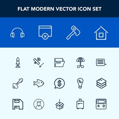 Modern, simple vector icon set with office, architecture, plane, aircraft, music, sign, craft, umbrella, construction, sun, lock, file, flight, frame, axe, tag, folder, food, stereo, estate, key icons