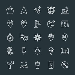 Modern Simple Set of location, travel Vector outline Icons. Contains such Icons as  pin, party,  sign, sweet, sign,  abstract,  tent,  bag and more on dark background. Fully Editable. Pixel Perfect.