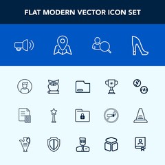 Modern, simple vector icon set with style, online, money, internet, megaphone, file, bird, success, competition, male, account, owl, computer, medal, high, profile, safety, female, book, web icons